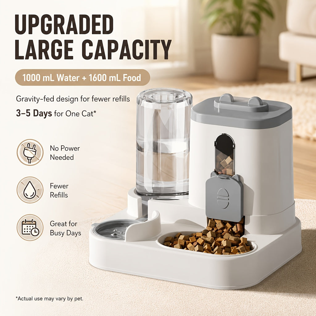 2-in-1 Cat Feeder and Water Dispenser, Non-Electric Gravity Food and Water Station for Cats and Small Dogs with Optional Cleaning Brush