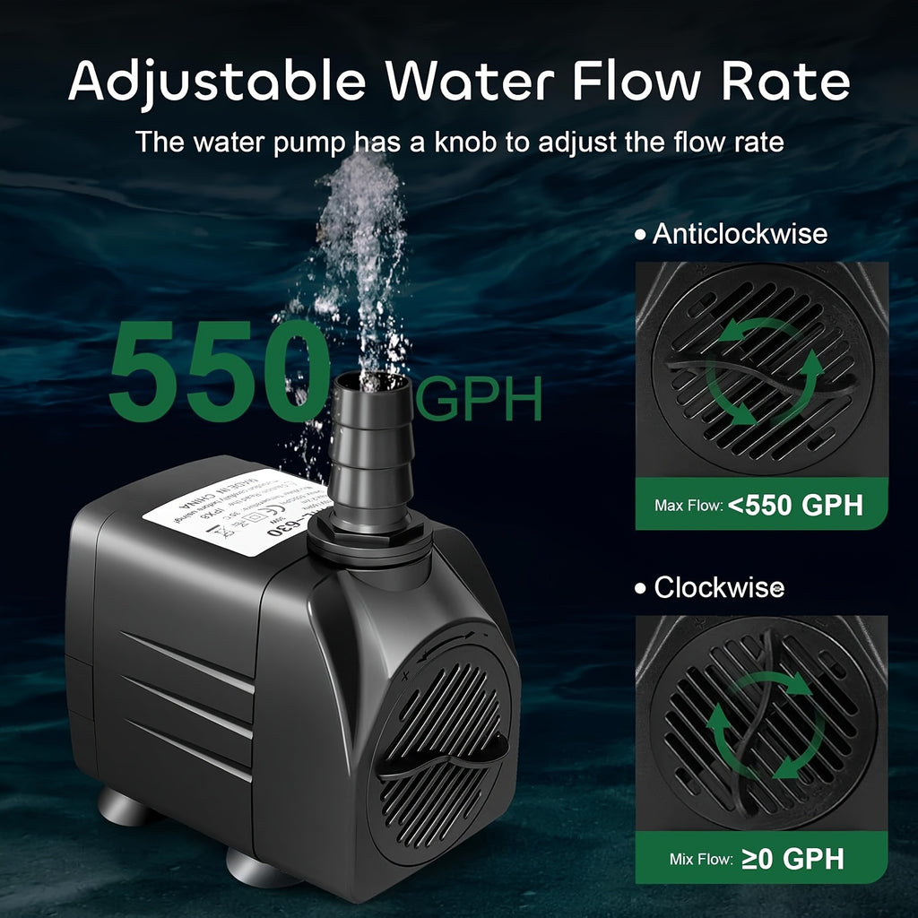 Submersible Water Pump 30W with 3 Nozzle Adapters, Adjustable Flow Black Aquarium and Fountain Pump for Fish Tanks, Ponds and Hydroponic Setups