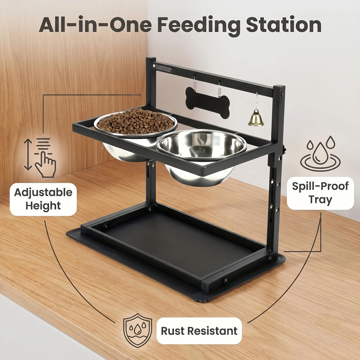 Stainless Steel Double Pet Bowls with Adjustable Elevated Stand, Non-Slip Food and Water Feeding Station for Dogs and Cats at Home
