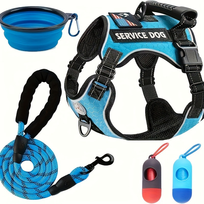 Dog Harness Walking Kit with Reflective No-Pull Adjustable Harness, Leash, Water Bowl and Two Bag Holders, 5-Piece Set for Small Medium and Large Dogs