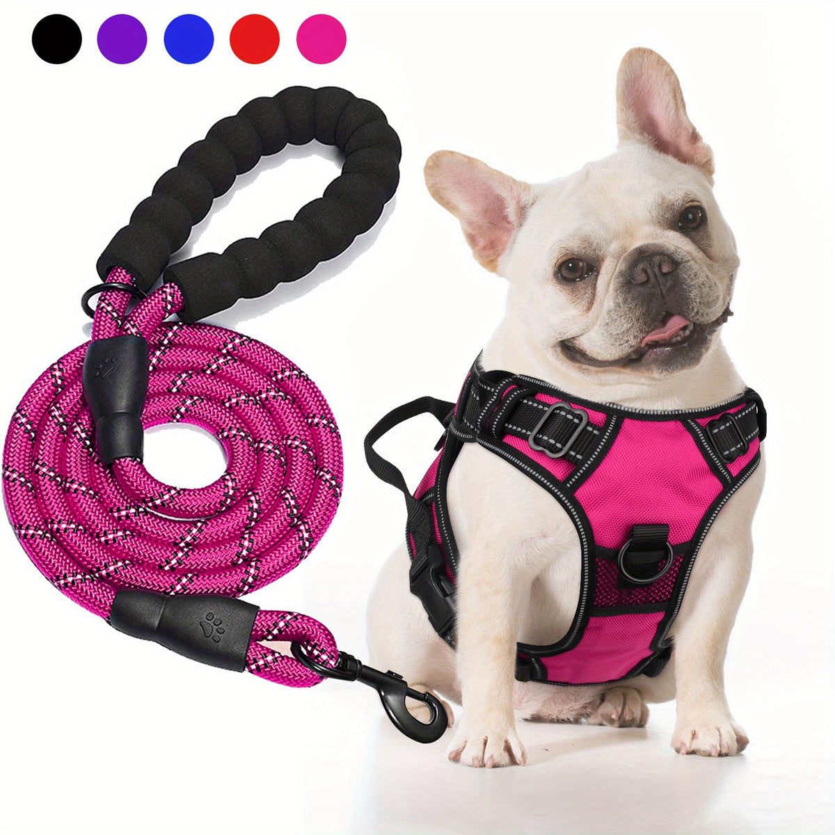 Oxford Dog Harness and Rope Leash Set, Adjustable Reflective Mesh-Padded Walking Vest with Four Fit Points and 5-Foot Padded-Handle Lead, S to XL