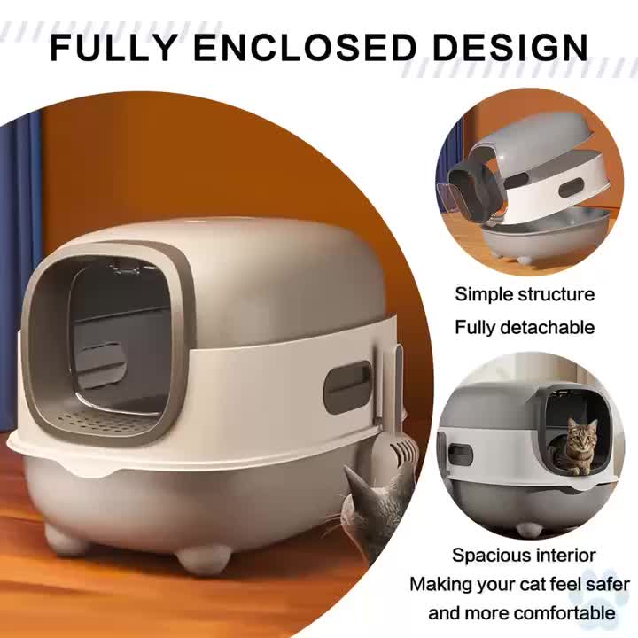 Cat Litter Box with Drawer and Scoop, Fully Enclosed Front-Entry Kitty Toilet for Small to Medium Cats, Easy-Clean Hood in Blue, Gray or Purple