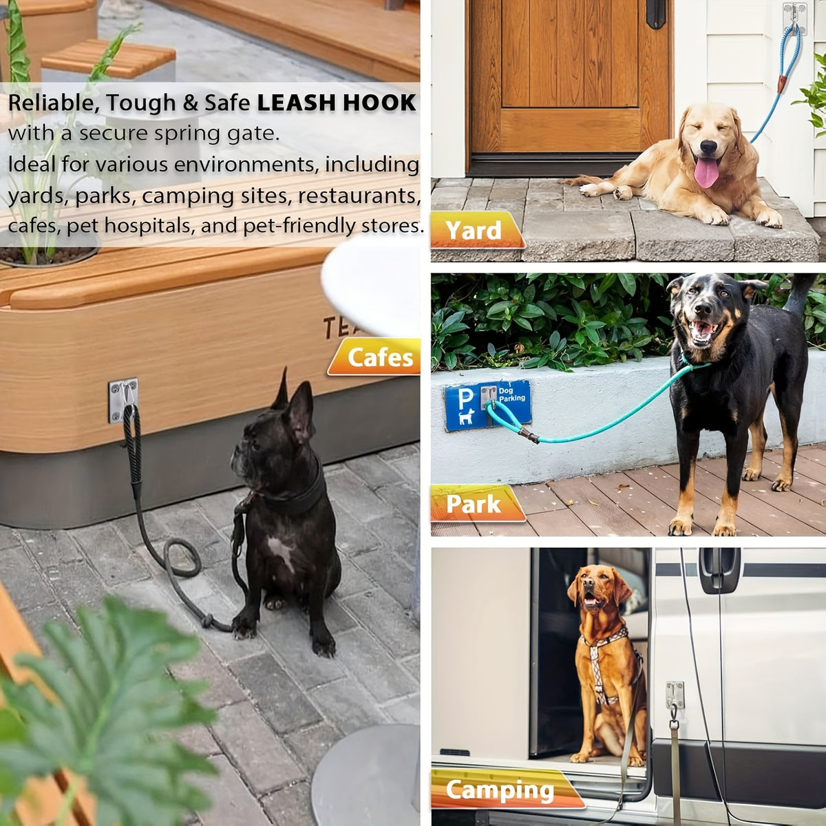 Wall-Mounted Dog Tie-Out Hooks 2 Pack, Heavy-Duty Metal Leash Attachment Hooks with Dual Switchable Design for Indoor Outdoor Use, Grey