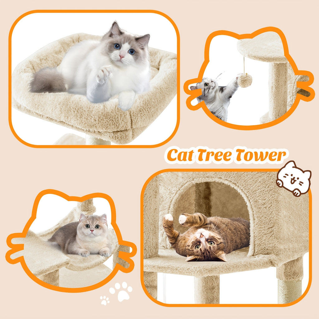 Cat Tree with Seven Color Choices, 44 Inch Indoor Cat Tower with Hammock, Condo Hideaway, Elevated Perches and Sisal Scratching Posts