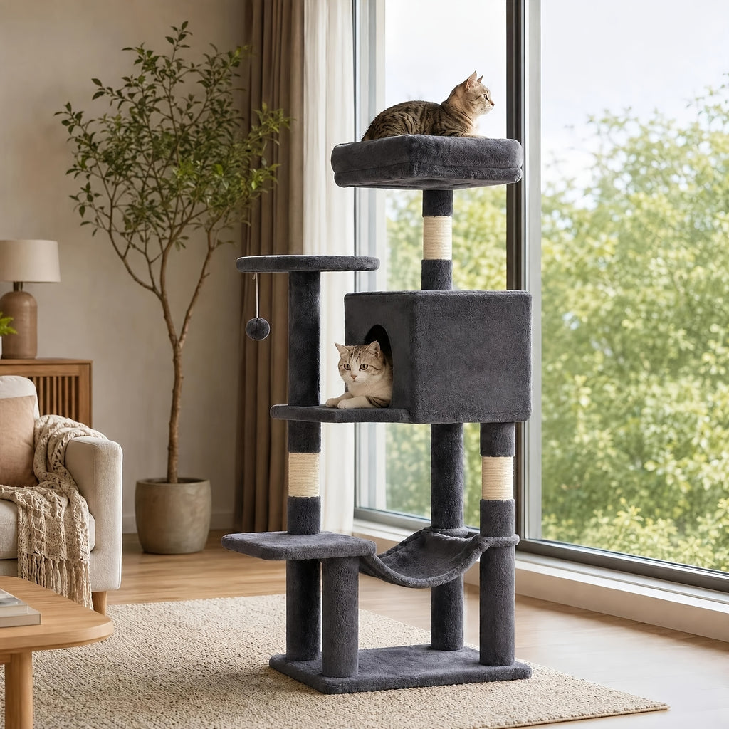 Cat Tree 44 or 54 Inch with Soft Hammock and Condo, Natural Sisal Scratching Posts for Indoor Climbing and Rest, Eight Color Options