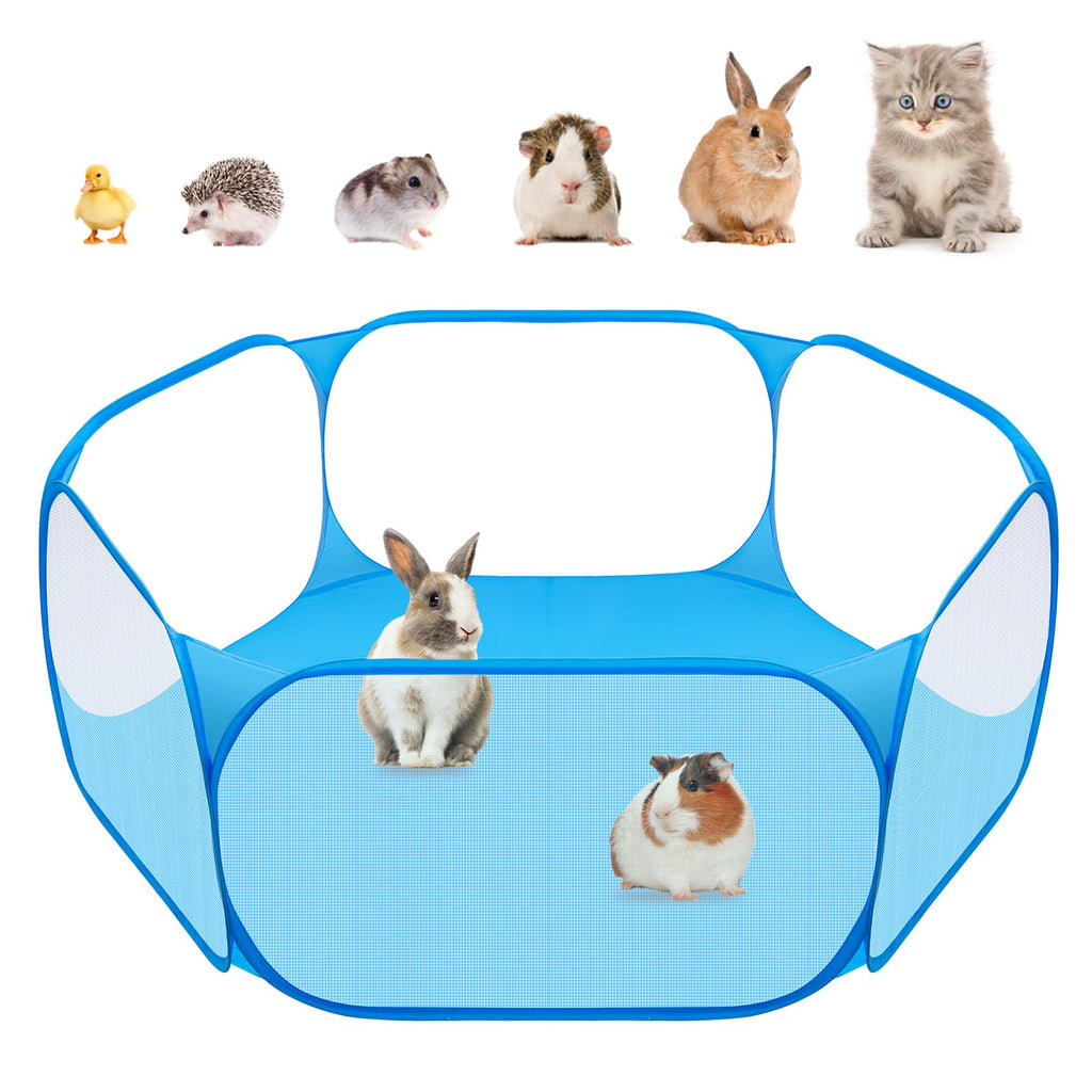 Portable Small Animal Playpen in Blue with Mesh Cover, Indoor Outdoor Pet Enclosure for Supervised Guinea Pig, Rabbit and Kitten Play