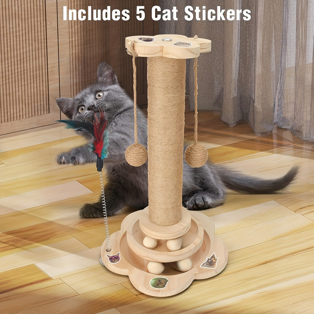 Cat Scratching Post Activity Center with 2-Level Ball Track, Sisal Rope, Pinewood Base, Feather Toy and Hanging Balls for Indoor Cats