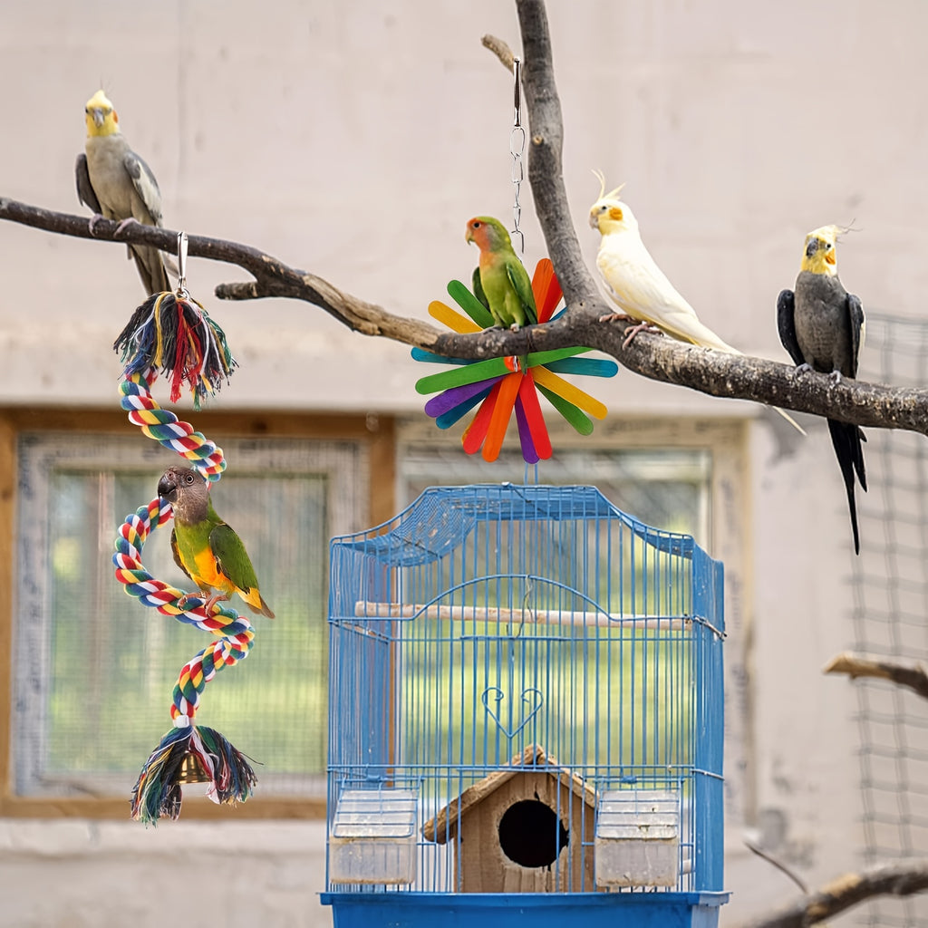 Bird Toy Set 6-Piece with Handmade Wooden Chew Toys, Hammocks, Swings and Perches for Small Birds, Cockatiels, Finches and Lovebirds