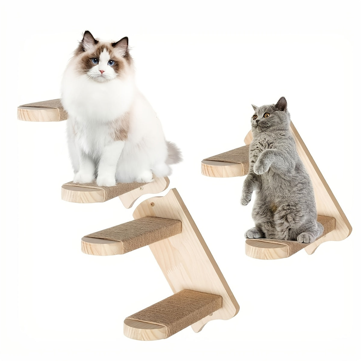 Cat Wall Stairs with Four Rope-Wrapped Steps, Solid Wood Wall-Mounted Climbing Ladder for Indoor Cat Routes and Space-Saving Furniture Layouts