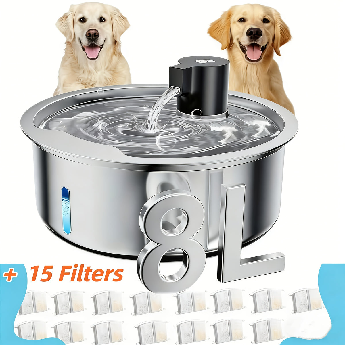 8L Stainless Steel Pet Water Fountain for Dogs and Cats, Large 2.11 Gallon Drinking Dispenser with Quiet Pump and Filter Bundle Options