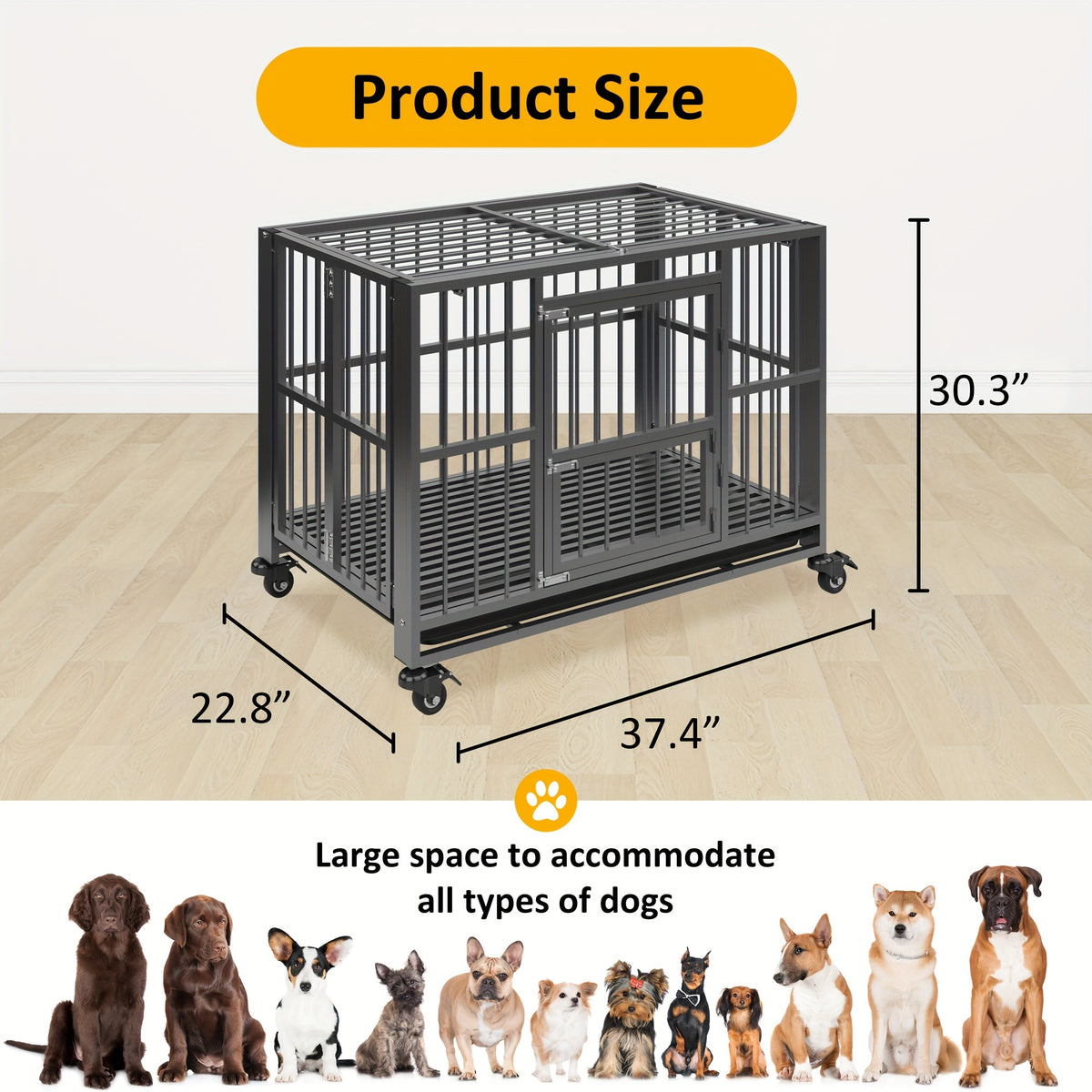 Folding Heavy Duty Dog Crate with Lockable Wheels, Double Door Pet Kennel in 38 or 43 Inch Models for Home Containment and Supervised Use