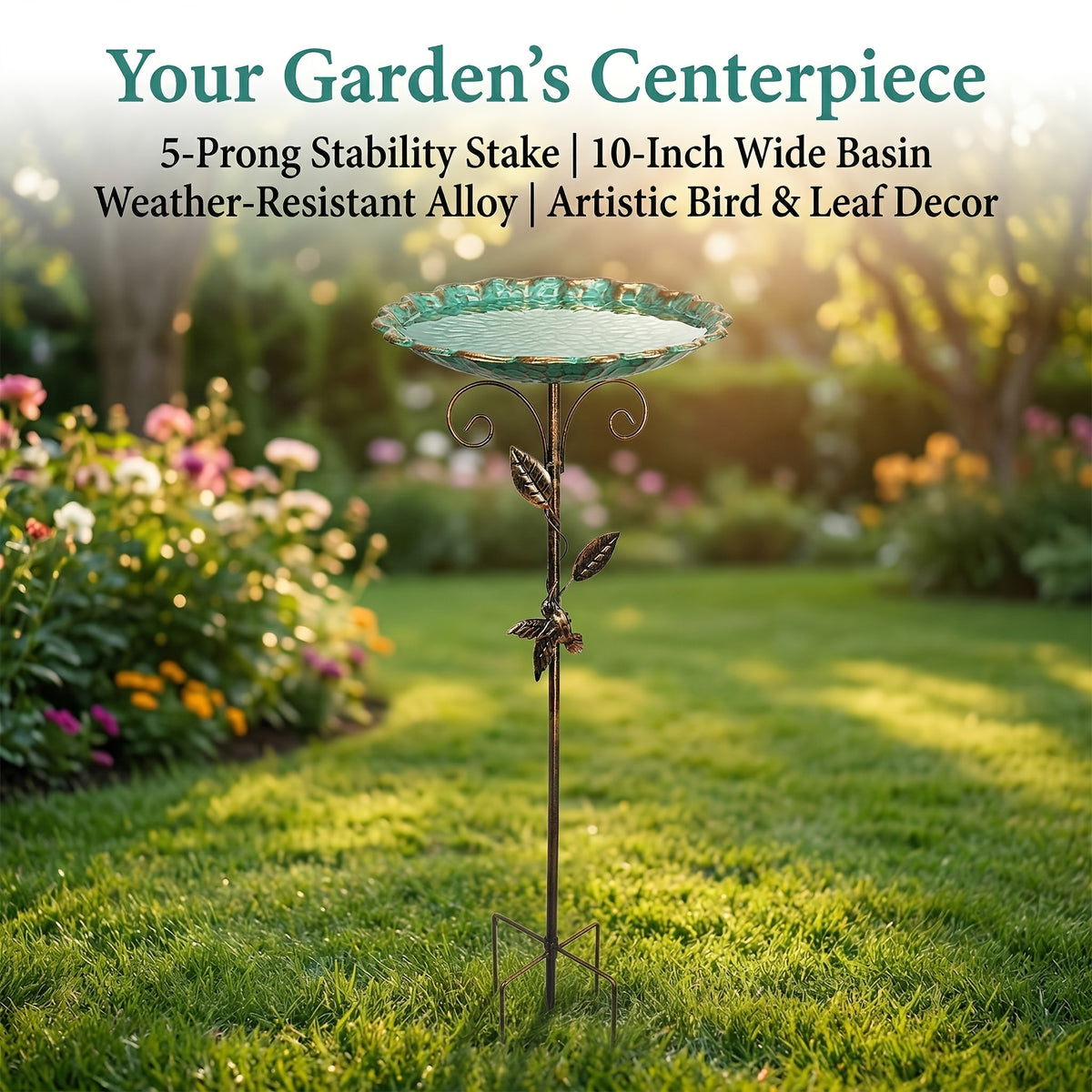 Metal Bird Bath with Bird and Leaf Decoration, 30-Inch Tall Outdoor Garden Water Basin for Yard and Patio Decor, Easy Installation and Cleaning