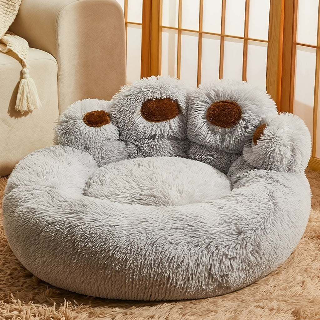 Donut Dog Bed with Bear Paw Design, Soft Plush Cuddler for Dogs and Cats, Cozy Indoor Sleeping Nest in Coffee Gray or Pink, 22 to 37 Inch Sizes