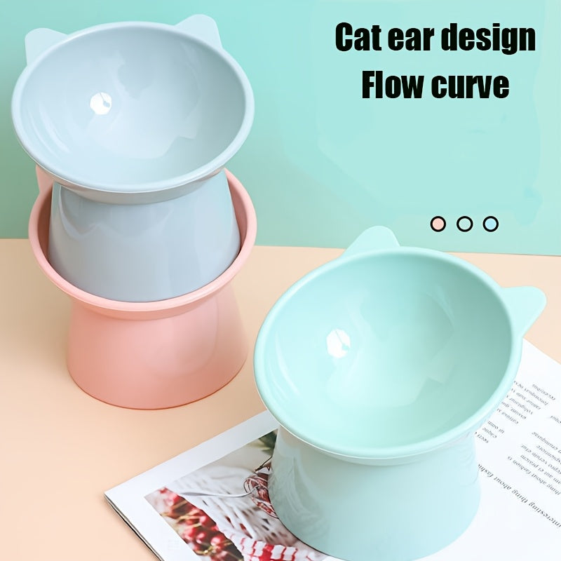 Raised Cat Bowls 3-Piece Color Set, Cat-Ear Shaped Elevated Pet Feeding Dishes with Anti-Slip Base in Blue, Pink and Green for Everyday Meals