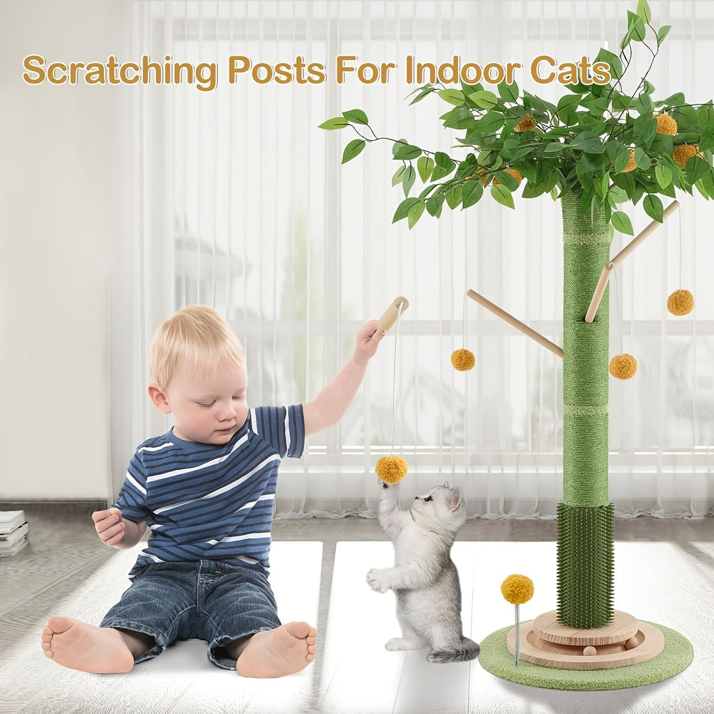 Orange Tree Cat Scratching Post with Detachable Teaser Wand, Green Tree and Orange Ball Cat Scratcher for Indoor Scratching and Interactive Play