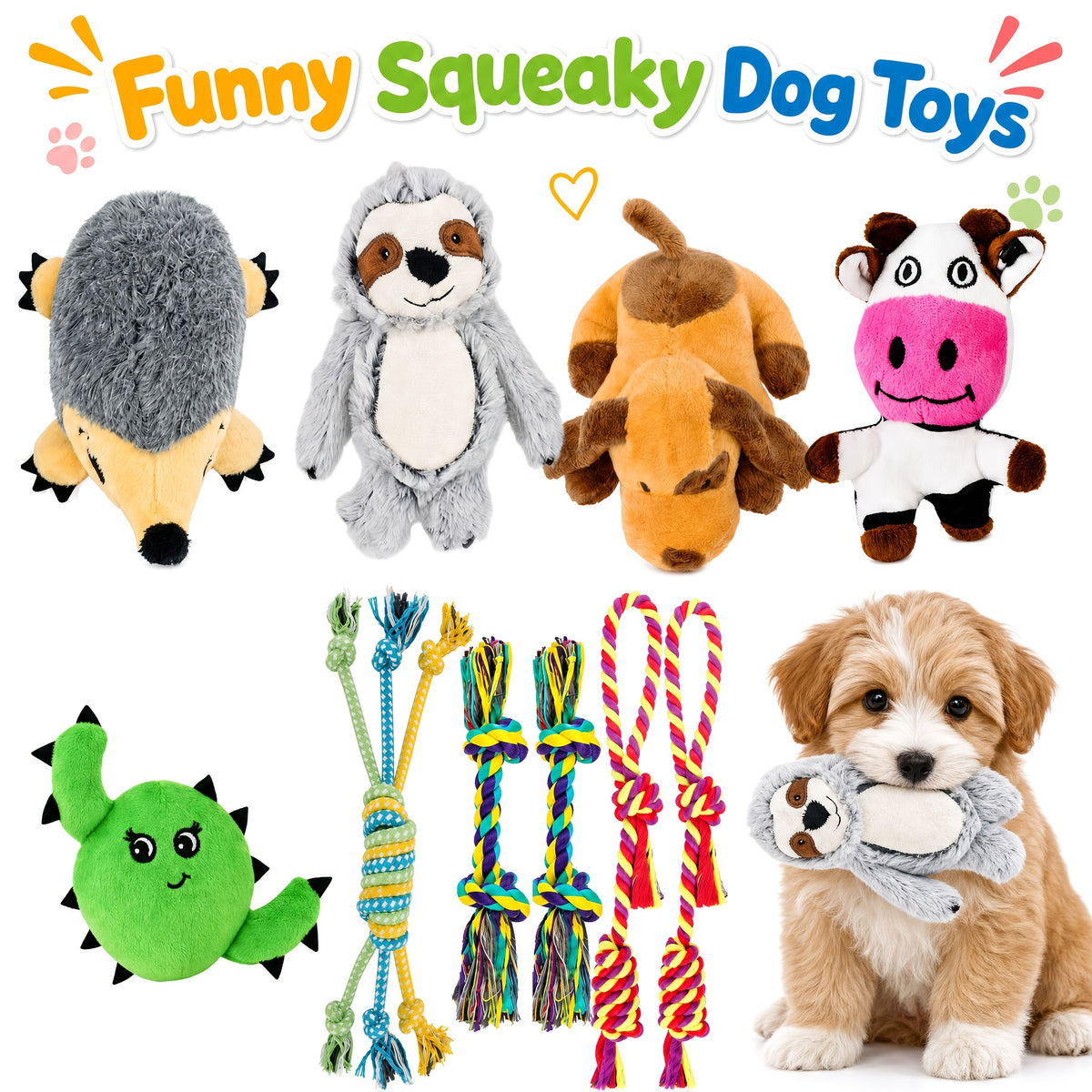 Plush Dog Toys 10 Pack Model C, Squeaky Stuffed Animal Puppy Toy Set for Small and Medium Dogs, Supervised Gentle Chewing and Indoor Playtime Rotation