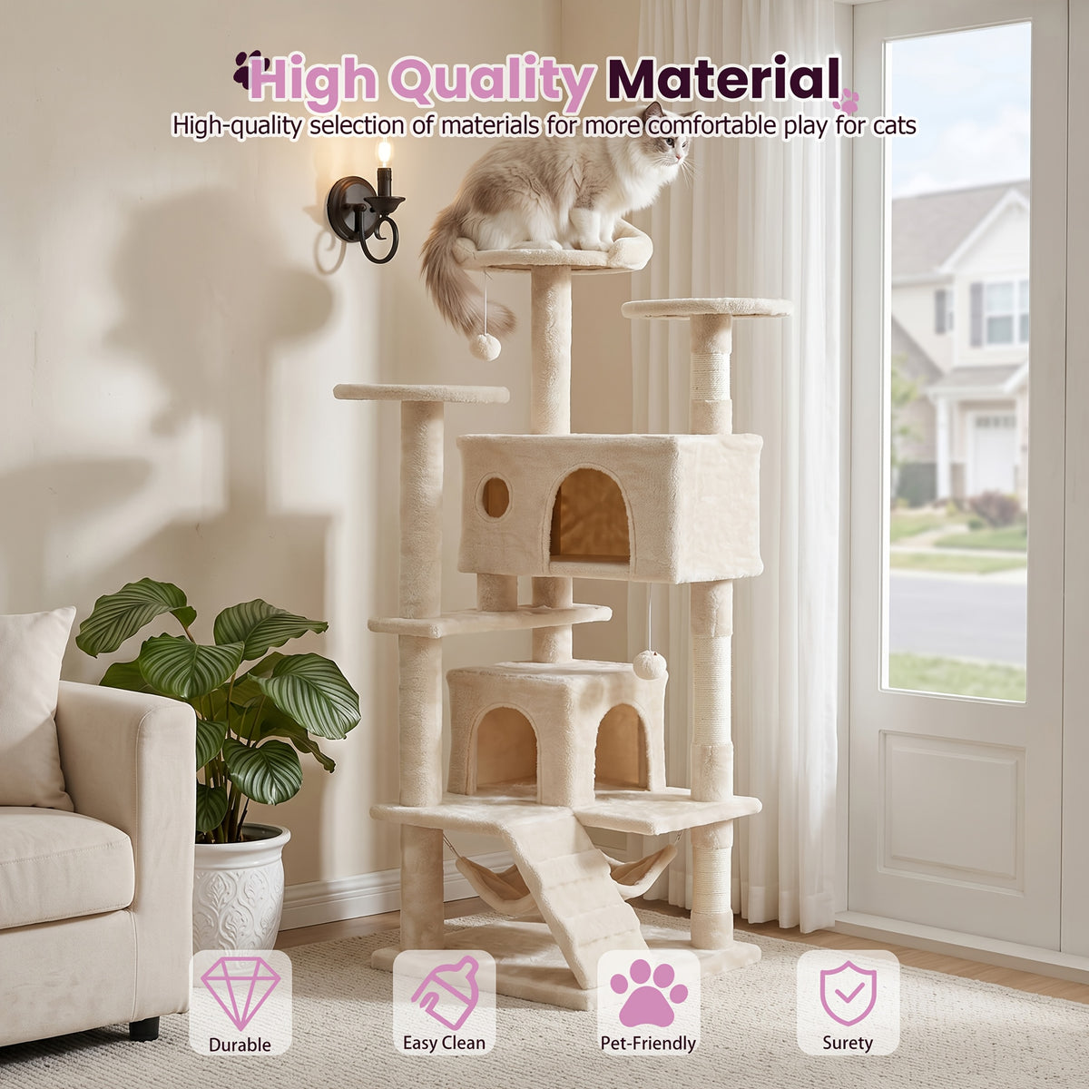 Cat Tree 44 or 54 Inch with Soft Hammock and Condo, Natural Sisal Scratching Posts for Indoor Climbing and Rest, Eight Color Options