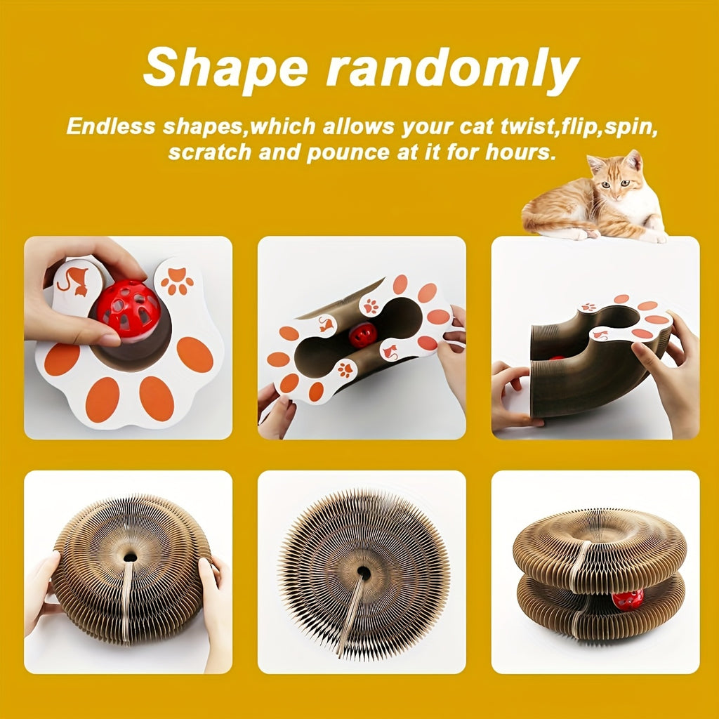 Flower Cat Scratcher Toy with Magnetic Accordion Design, Foldable Corrugated Cardboard Scratching Surface and Bell Ball for Indoor Cat Play