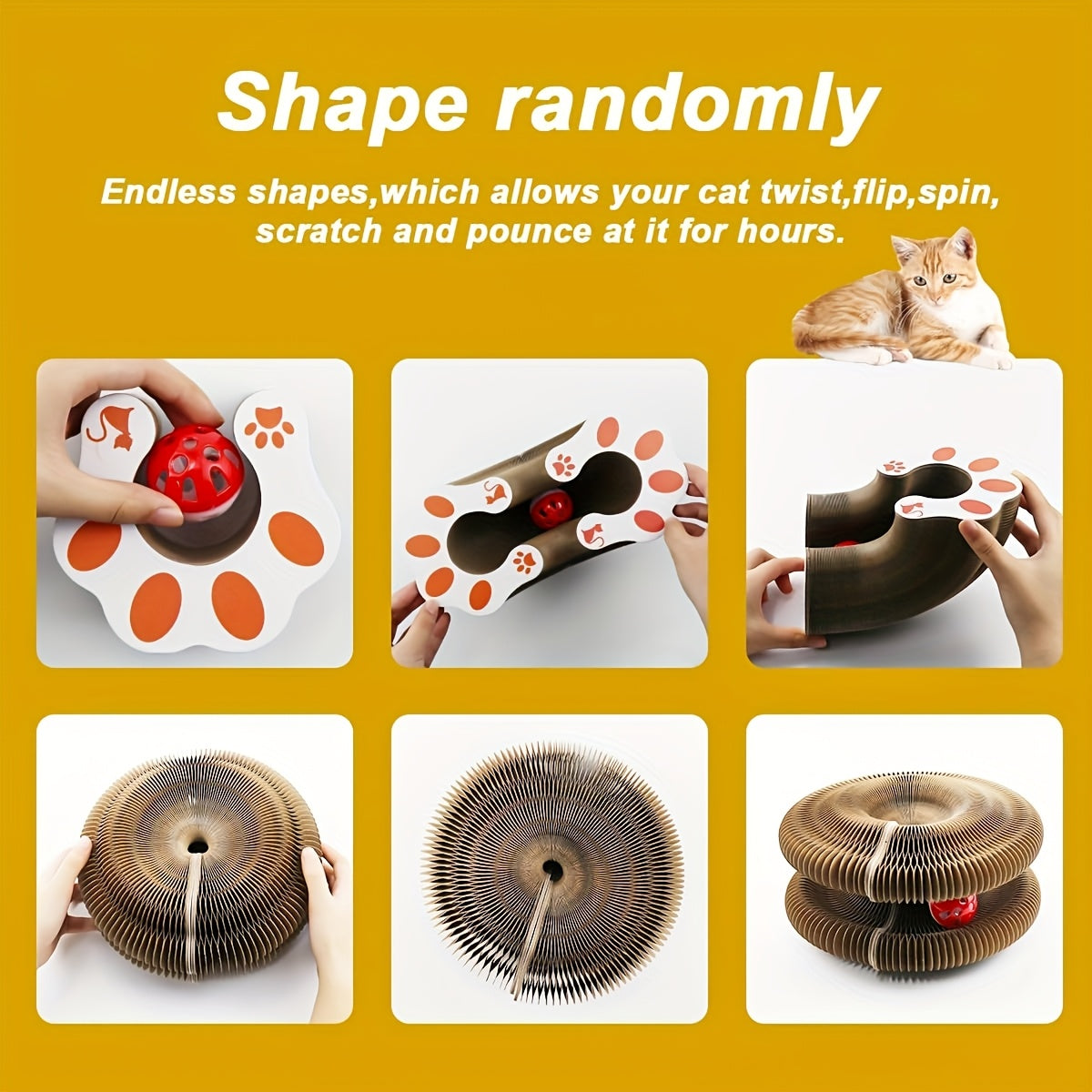 Flower Cat Scratcher Toy with Magnetic Accordion Design, Foldable Corrugated Cardboard Scratching Surface and Bell Ball for Indoor Cat Play
