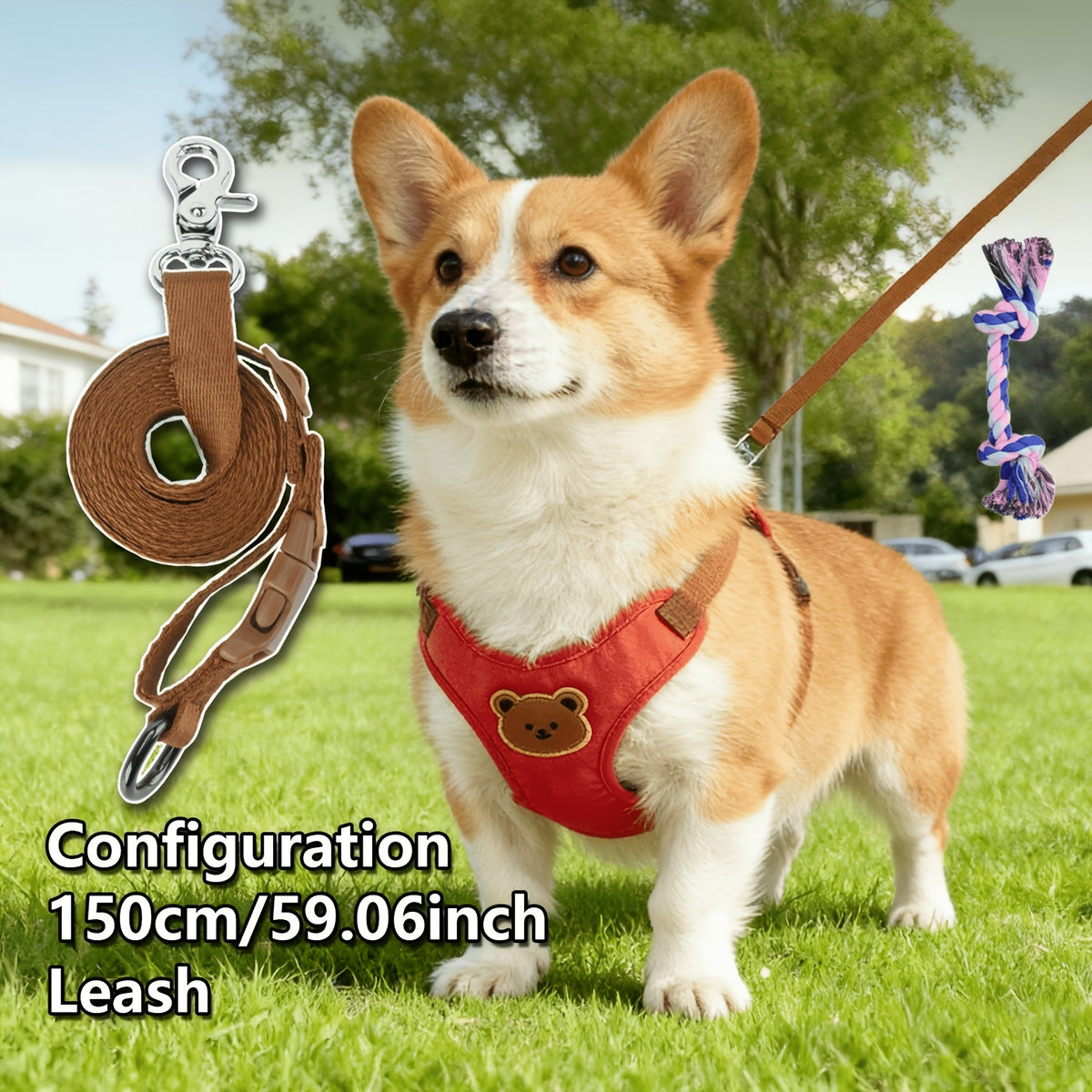 Bear Dog Harness and Leash Set with Cartoon Vest Design, 59-Inch Walking Lead, Green, Khaki or Orange Colors and S or L Sizes