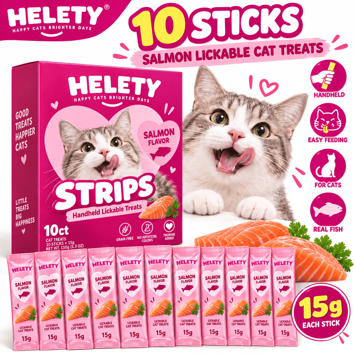 Creamy Lickable Cat Treats 15g, Squeeze Cat Snacks and Food Topper in Tuna, Salmon or Chicken, 10 Count Packs or 30 Count Chicken Option