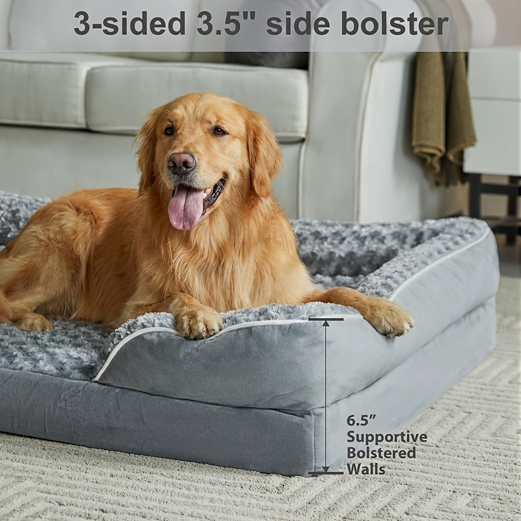 Extra Large Dog Sofa Bed with C-Shaped Bolsters, Removable Washable Plush Cover and Non-Skid Bottom, Grey Pet Couch with 20 to 71 Inch Size Options