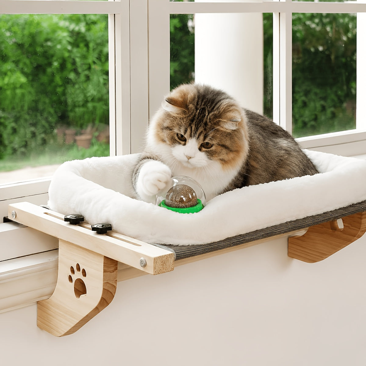 Wood Frame Cat Window Perch, Adjustable Hanging Indoor Cat Bed for Compatible Windowsills, Bedsides, Drawers and Shelves, Space-Saving Lounging Spot
