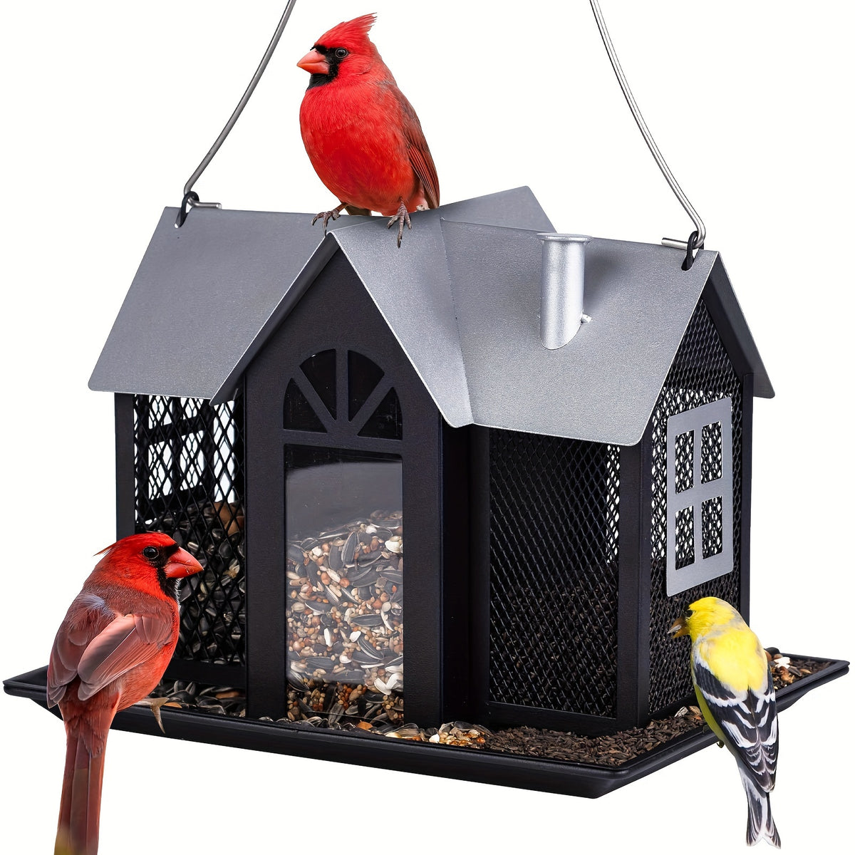 Outdoor Bird Feeder House with Triple Feeding Areas, Metal Mesh Wild Bird Seed Feeder for Finches, Cardinals and Chickadees, Five Color Options