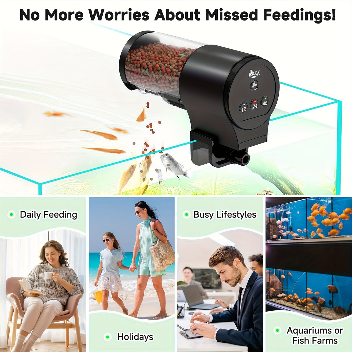 Timed Aquarium Fish Feeder 110 mL, Automatic Food Dispenser with 12H 24H 48H Intervals, Manual Feeding Button and Tank Clamp, Battery Powered in Black