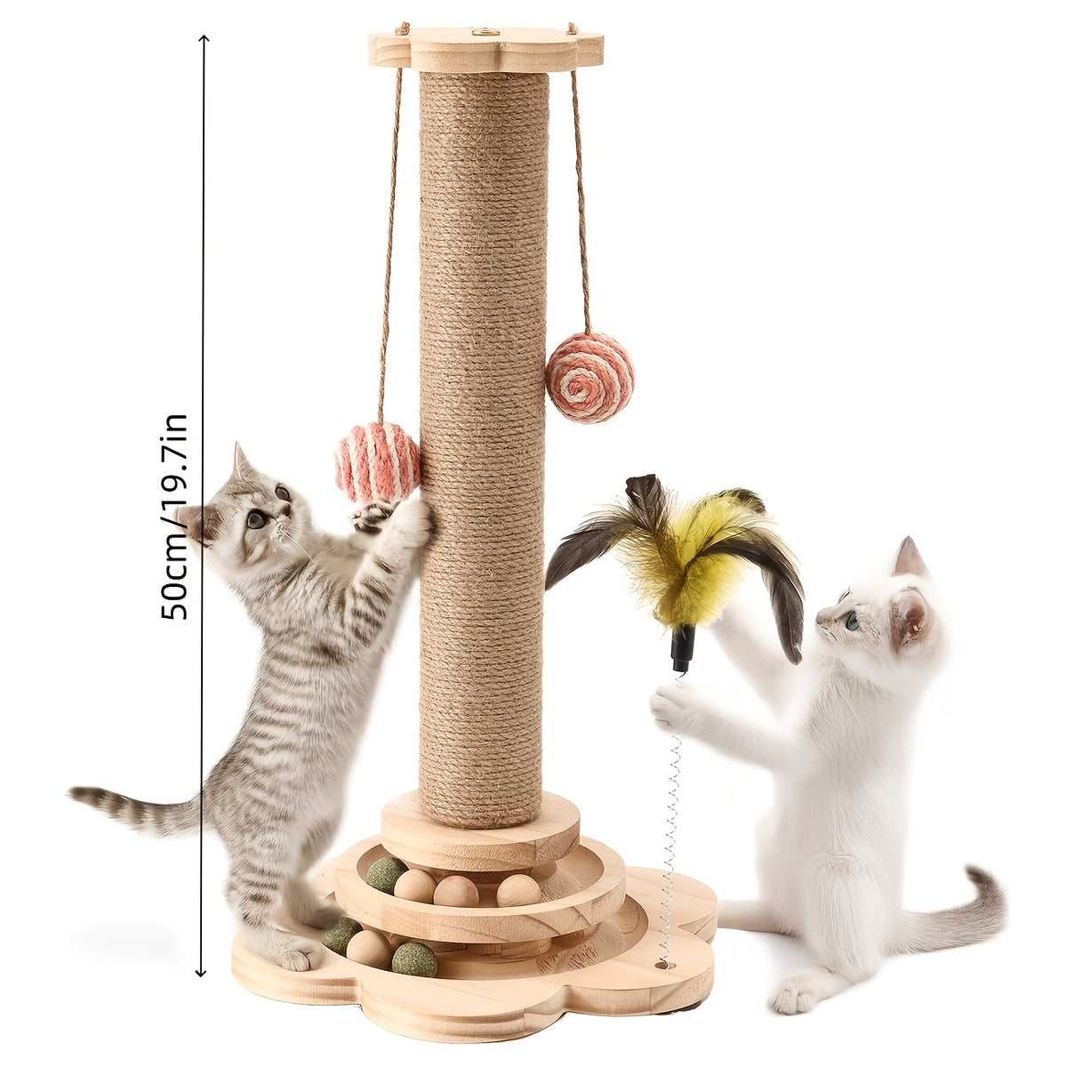 4-in-1 Cat Scratching Post with Ball Tracks, Hanging Toys and Feather Teaser for Indoor Cats, Small to Large and Replacement Column Options