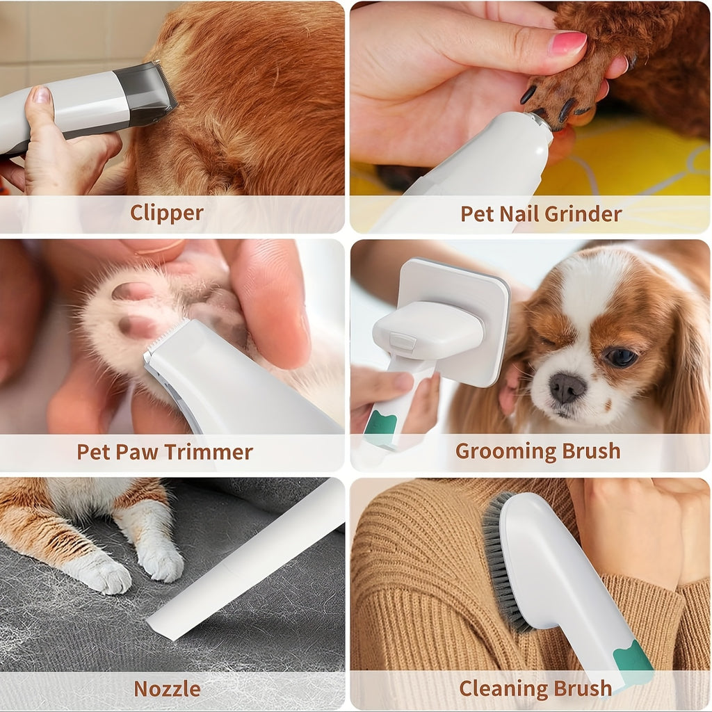 Pet Grooming Vacuum with Nail Grinder and Clipper, White Dog Grooming Kit with 6 Tools for Dog and Cat Shedding and At-Home Coat Care