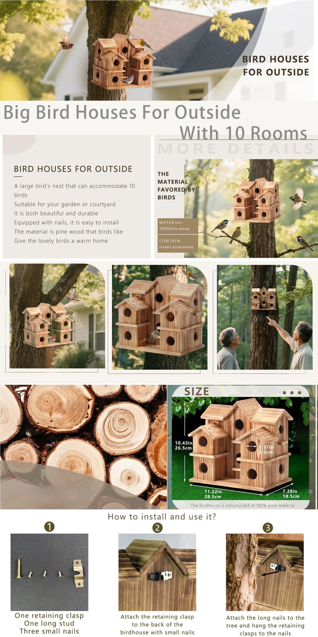 Pine Wood Birdhouse with 10 Listed Compartments, Multi-Roof Cottage Bird House with Round Entry Openings for Outdoor Garden, Patio and Backyard Decor