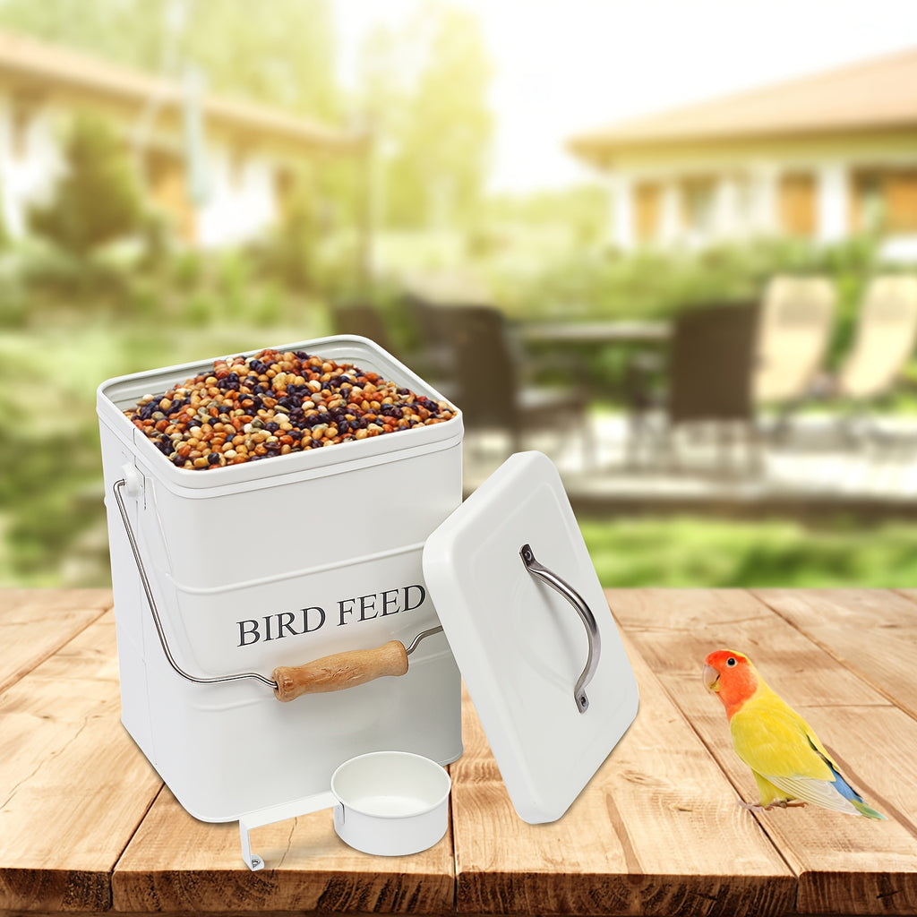 Bird Seed Storage Tin with Lid, Metal Bird Food Container in White or Black, Vintage Farmhouse Style Bucket for Organized Feeding Supplies at Home
