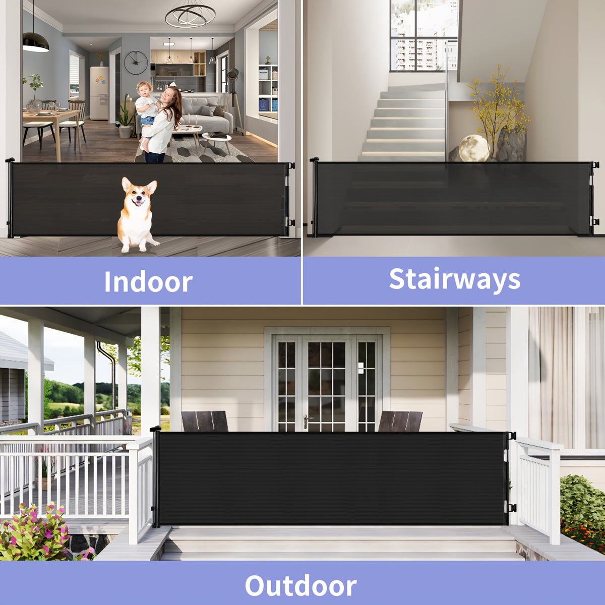 Retractable Mesh Dog Gate for Doorways and Hallways, Indoor Outdoor Pet Barrier in Black, White or Gray, Multiple Sizes up to 197 Inches Wide