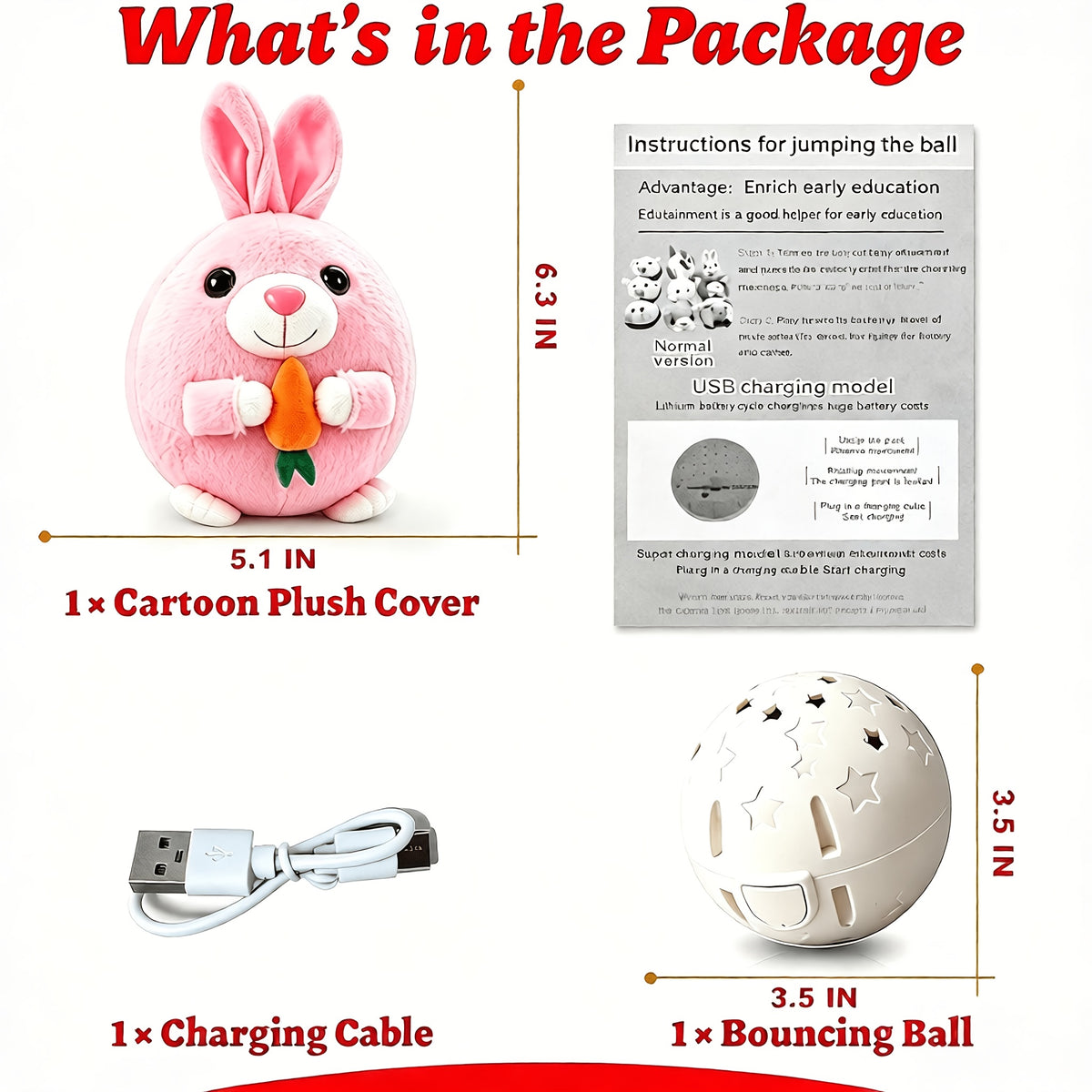 Voice Recording Dog Toy with Bouncing Ball, USB Rechargeable Moving Animal Toy with Music, Crinkle Sounds and Washable Cover for Supervised Play