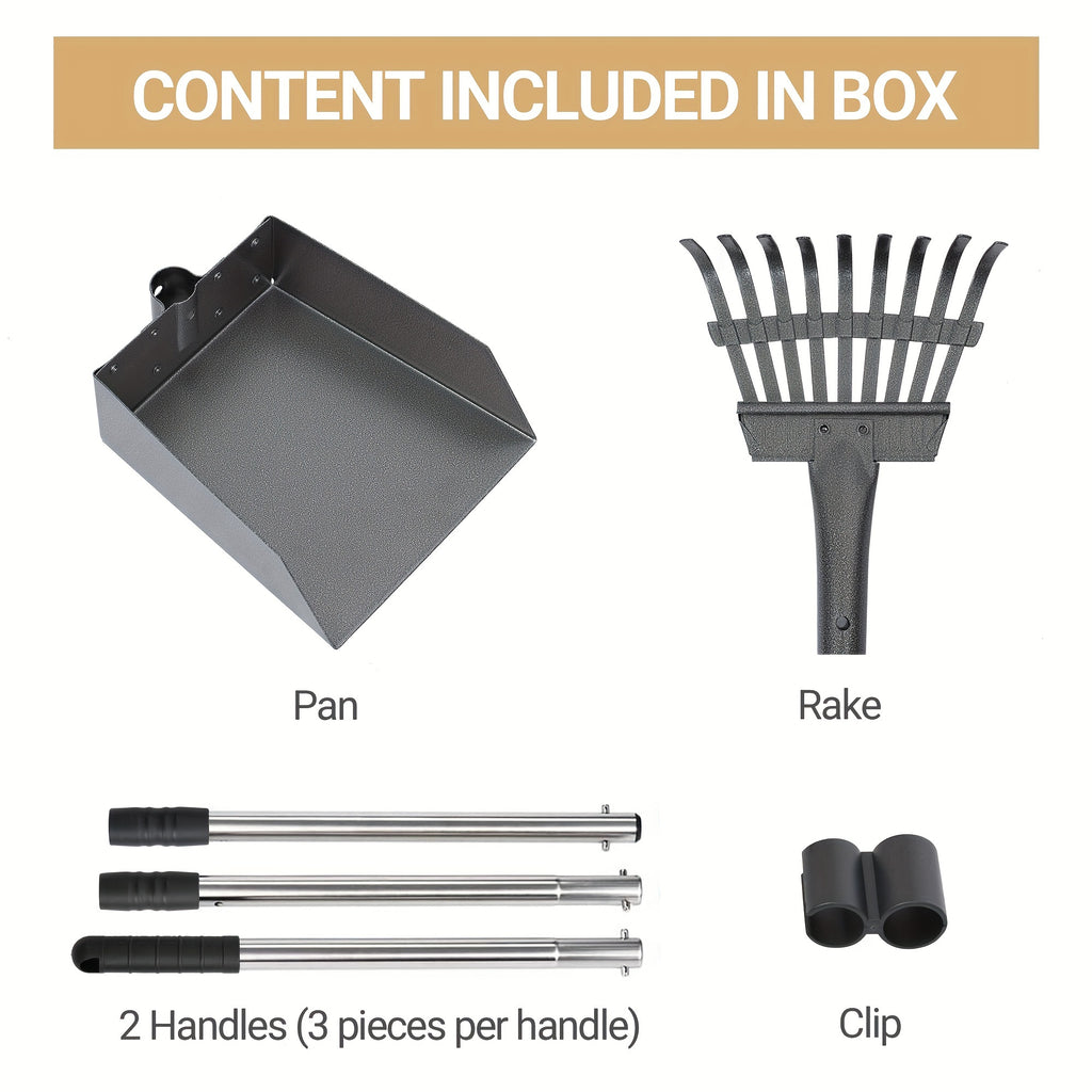 Dog Pooper Scooper Tray and Rake Set, Stainless Steel Pet Waste Removal Tools with Adjustable Handles for Everyday Yard Cleanup