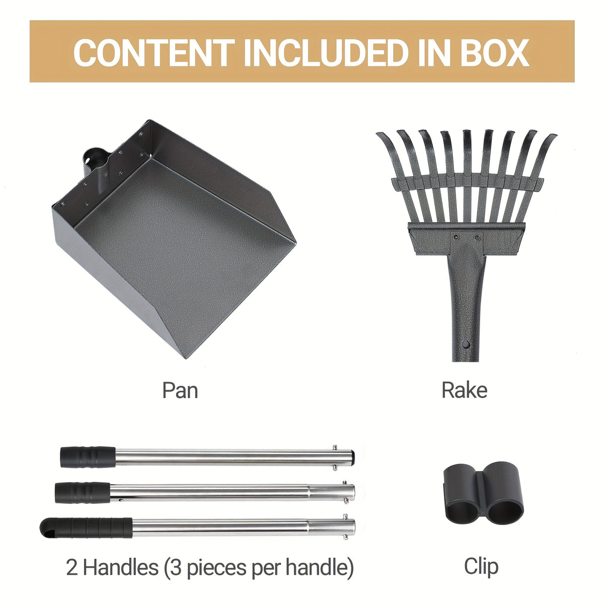 Dog Pooper Scooper Tray and Rake Set, Stainless Steel Pet Waste Removal Tools with Adjustable Handles for Everyday Yard Cleanup