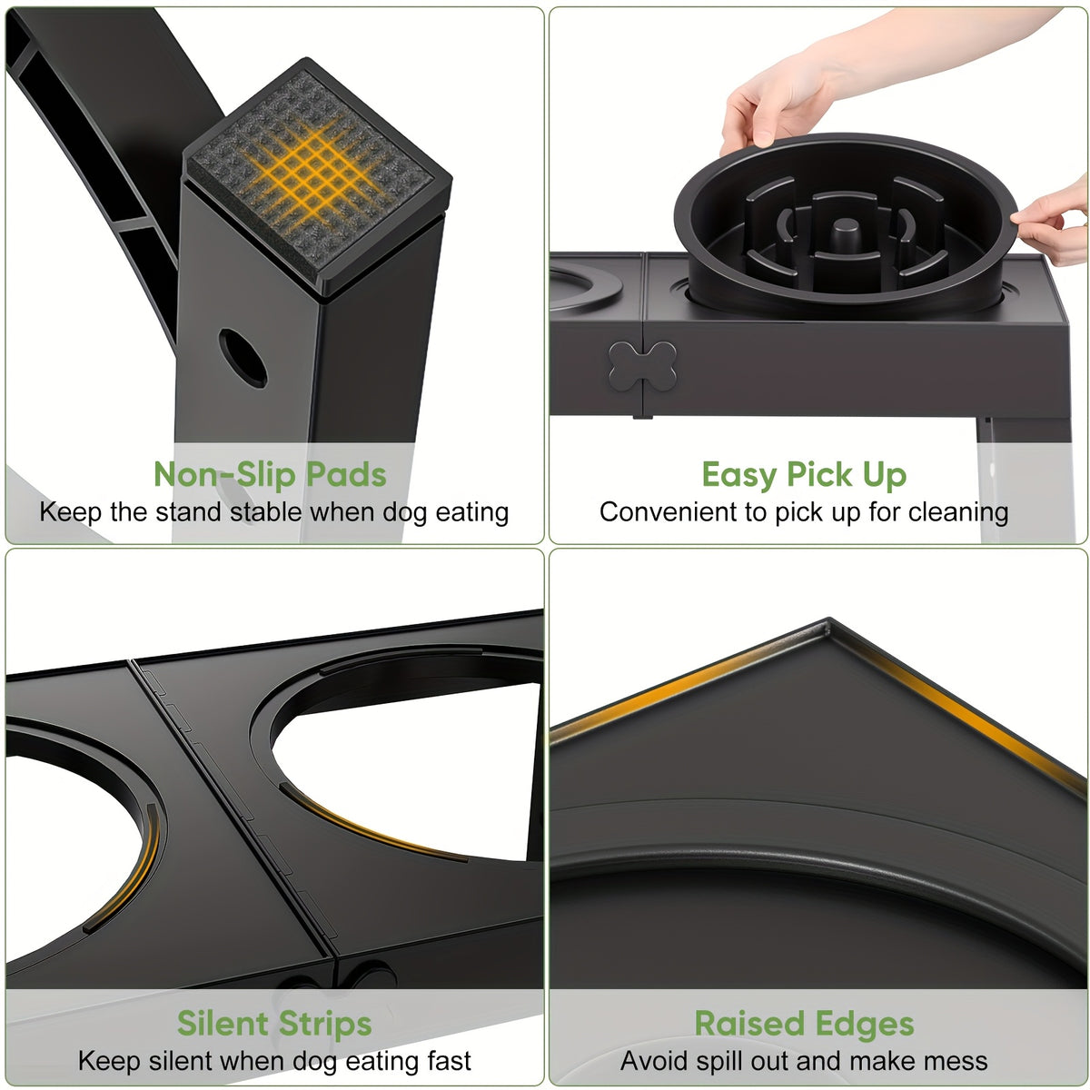 Four-Level Elevated Dog Bowls with 1L Slow Feeder and Spill-Reducing Water Bowl, Black Adjustable Non-Slip Feeding Station for Daily Meals