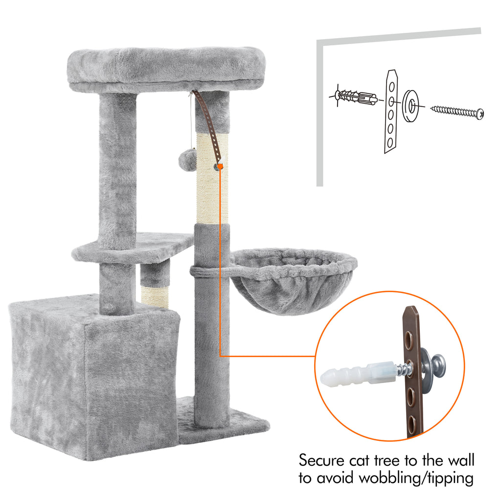 Cat Tree 34.5 Inch with Condo and Basket, Plush Indoor Cat Tower with Nest, Platform, Three Sisal Scratching Posts and Scratching Board in Five Colors