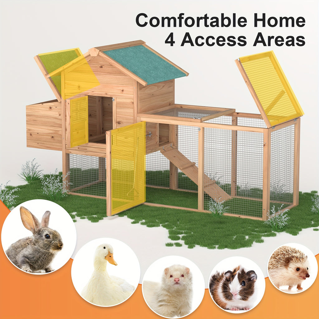 Wooden Chicken Coop with Run and Nesting Box, 80.7 Inch Fir Wood Outdoor Hen House with Ramp, Removable Cleaning Tray and Green Asphalt Roof