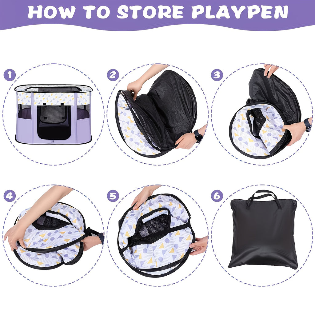 Rectangular Pet Playpen for Dogs and Cats, Purple Foldable Mesh Tent with Zipper Door for Puppies, Kittens, Indoor Rest and Travel