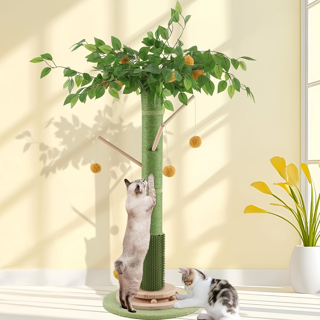 Orange Tree Cat Scratching Post with Detachable Teaser Wand, Green Tree and Orange Ball Cat Scratcher for Indoor Scratching and Interactive Play