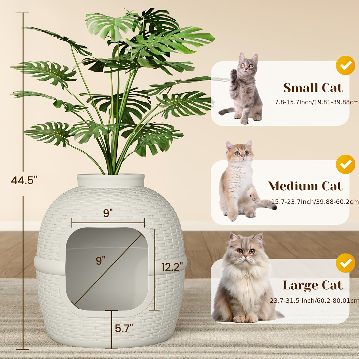 Hidden Litter Box with Plant and Rattan Pattern, Waterproof PP Cat Litter Furniture for Indoor Homes, Easy Assembly and Cleaning, Brown or OW