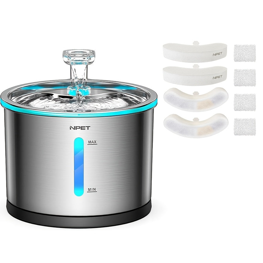 Stainless Steel Cat Water Fountain 50oz 1.5L, NPET WF210 Quiet Pet Drinking Dispenser with LED Water Level Window and Filter Bundle Options