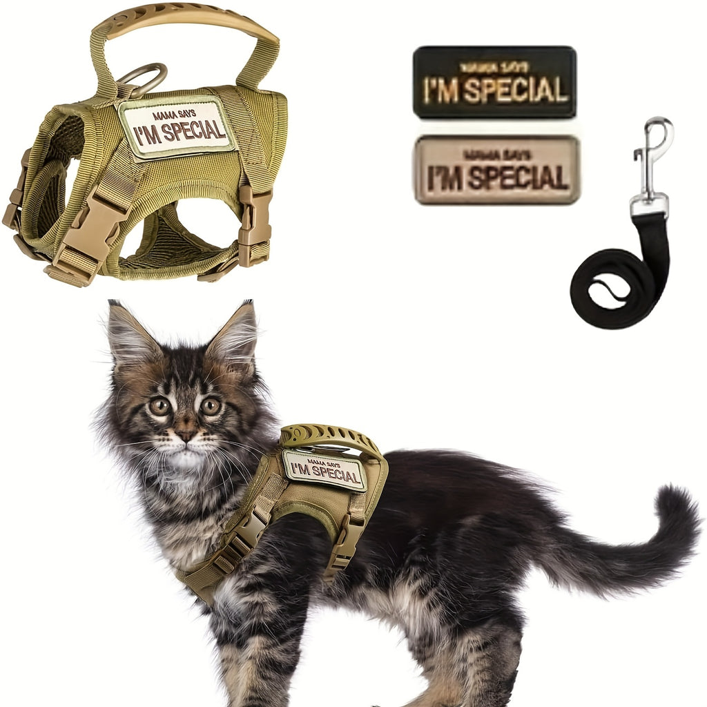Cat Vest with Rubber Handle, Adjustable Tactical Nylon Pet Vest with Mesh Padding and Quick-Release Buckle for Large Cats and Small Dogs