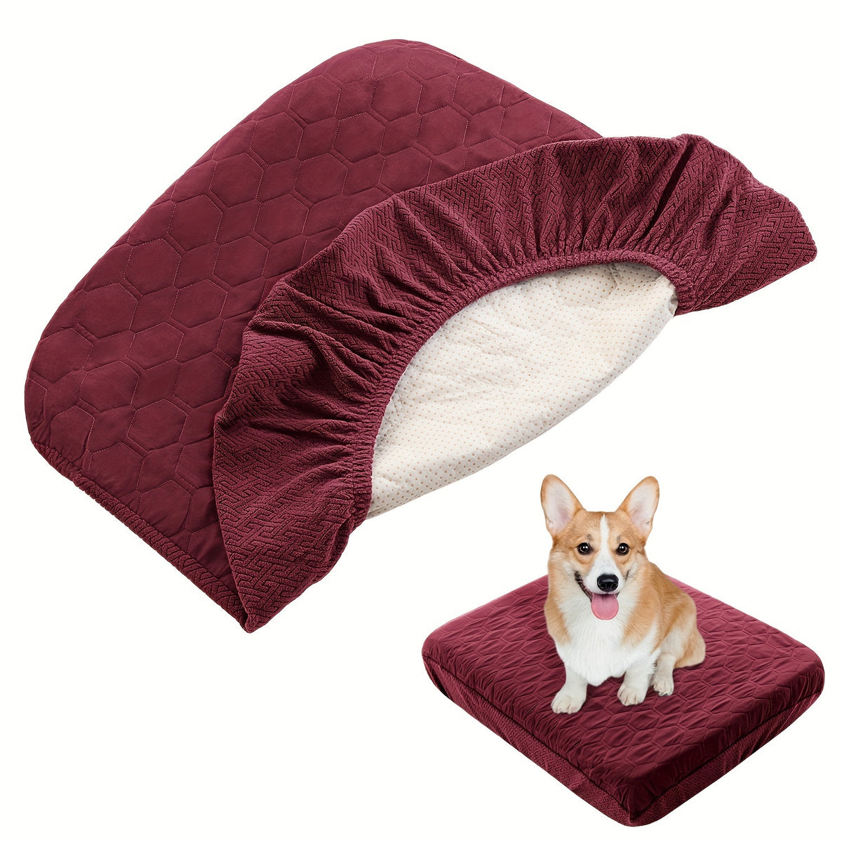 Quilted Dog Bed Cover 20.08 x 29.92 Inches, Elastic-Edge Argyle Pattern Pet Bedding Accessory in Coffee, Dark Gray, Peacock Blue or Burgundy