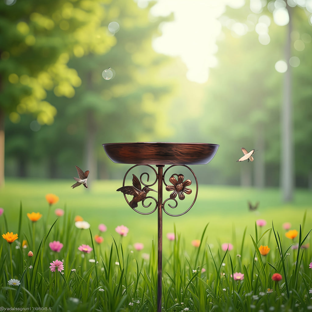 Sunflower Metal Bird Bath and Feeder with 5-Prong Ground Stake, Bronze Garden Basin with Hummingbird Accent, Single or Double-Layer Options, No Fountain
