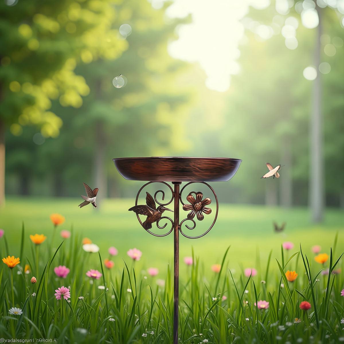 Sunflower Metal Bird Bath and Feeder with 5-Prong Ground Stake, Bronze Garden Basin with Hummingbird Accent, Single or Double-Layer Options, No Fountain