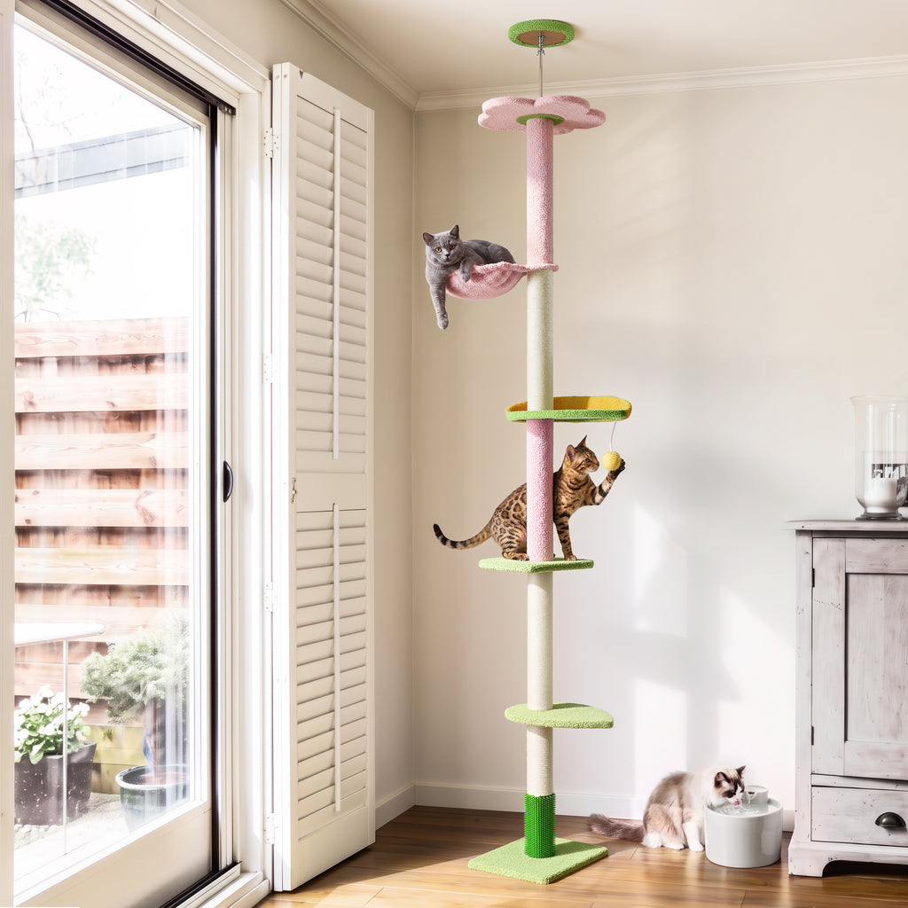 Floor to Ceiling Cat Tree with Hammock, Adjustable Cactus Cat Tower with Sisal Scratching Post, Faux-Fur Platforms and Interactive Playball for Indoor Cats