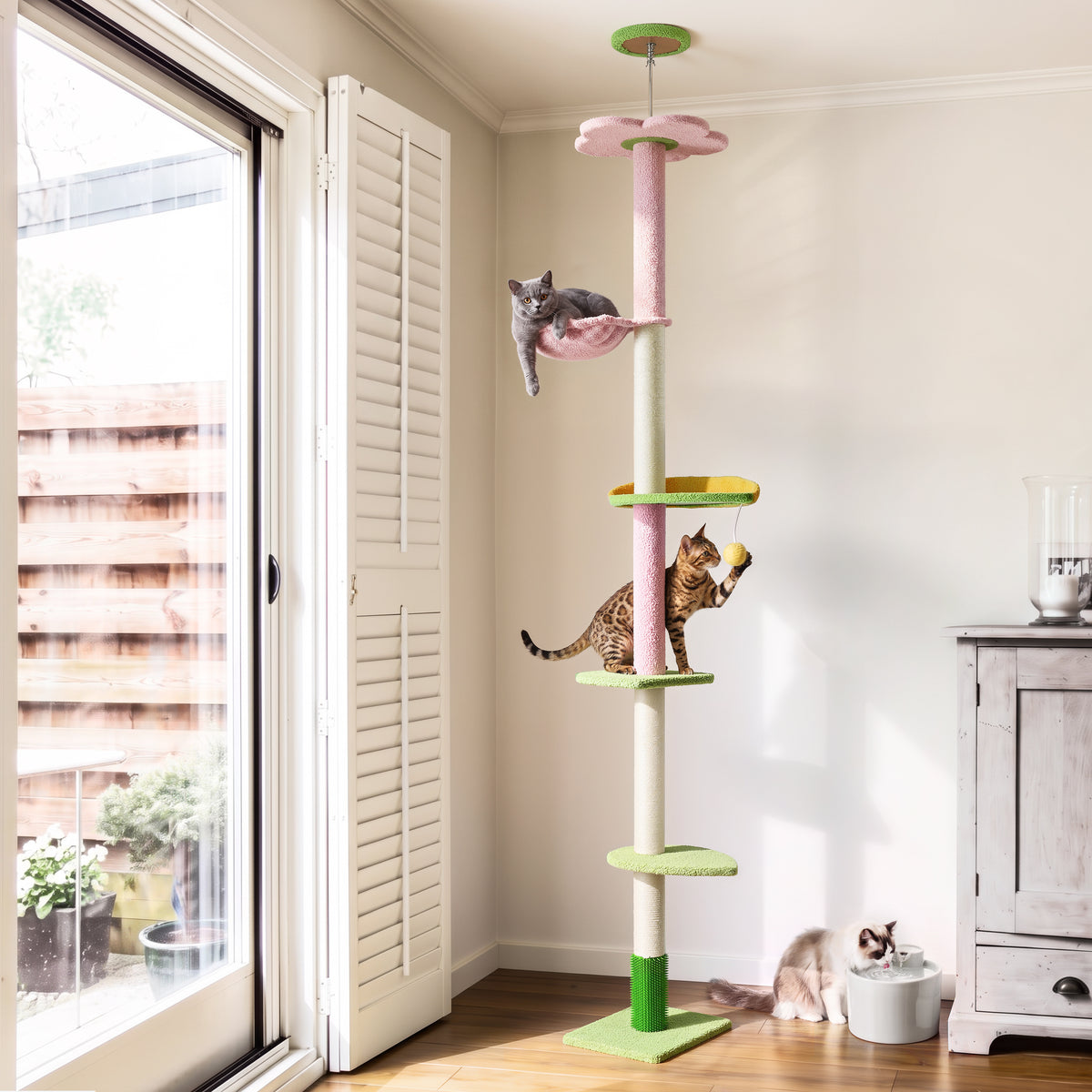 Floor to Ceiling Cat Tree with Hammock, Adjustable Cactus Cat Tower with Sisal Scratching Post, Faux-Fur Platforms and Interactive Playball for Indoor Cats